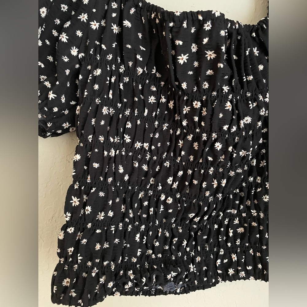 Elodie Off Shoulder Smocked Stretch Black Floral Blouse - Picture 3 of 9